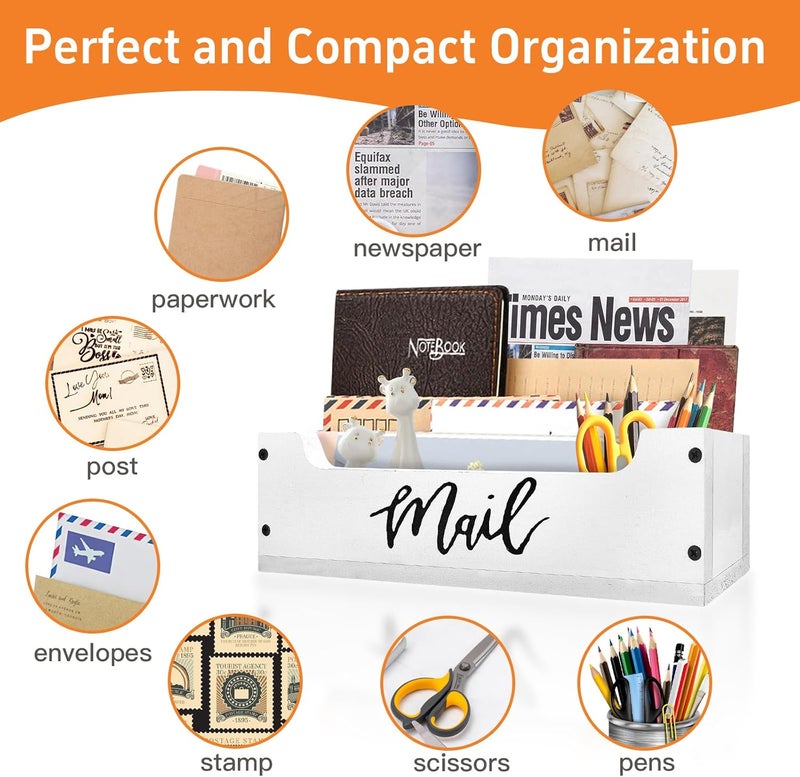 KISENG White Wooden Mail Organizer Countertop - Mail Organizer Wall Mounted, Office Mail Holder, Desktop Mail Basket for Counter, Letter Holder Box for Home Office Decor (White + Black, 3.15") - Image 4
